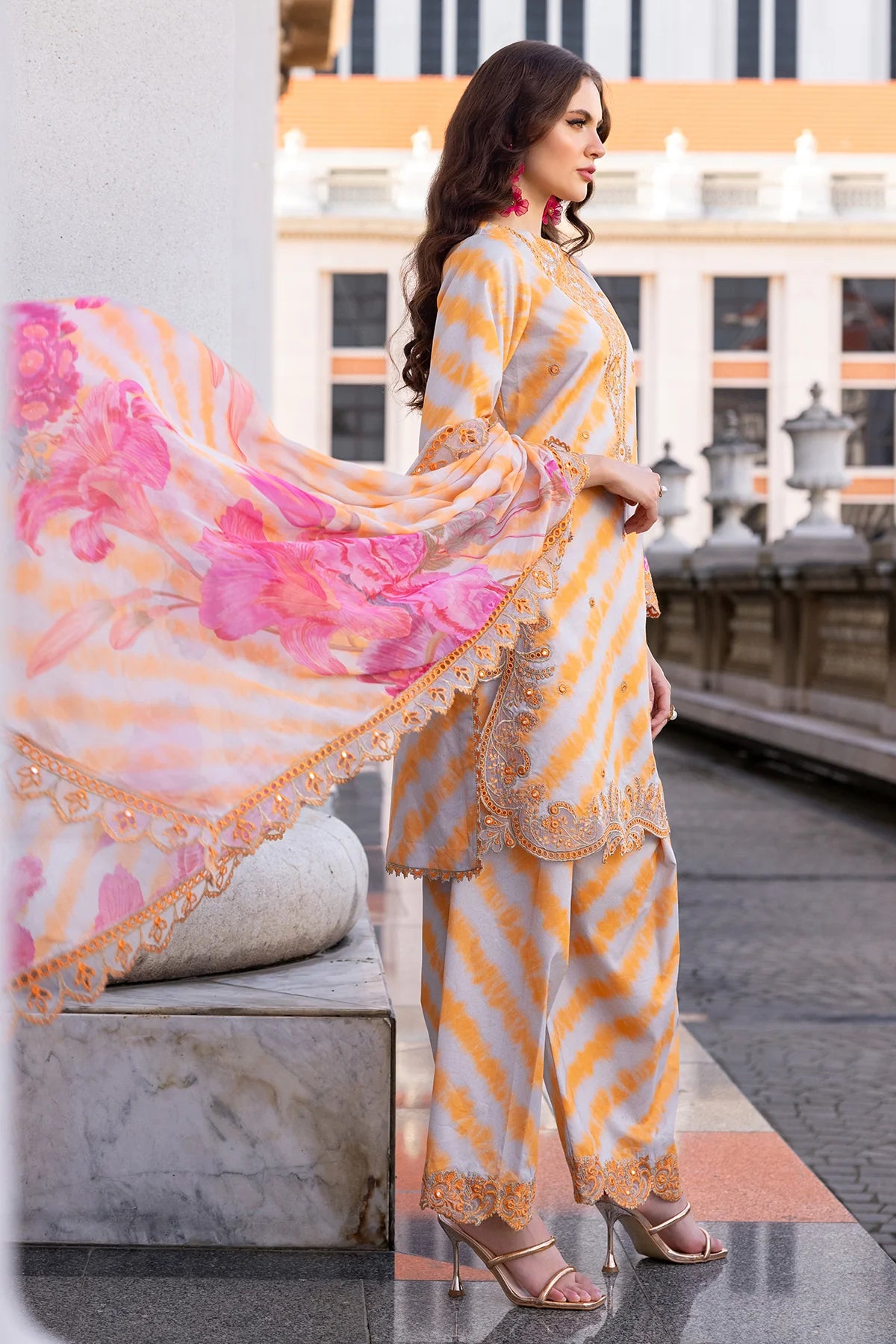 Pakistani Charizma Aga E Nou Embroidered Lawn Unstitched Three Piece - Apricot