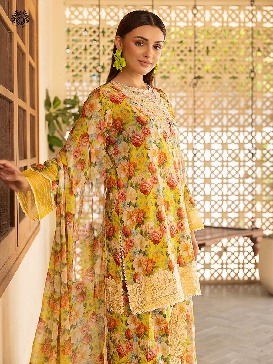 Pakistani Ziva by Gulljee Floral Printed Lawn Unstitched Three Piece - Sunglow