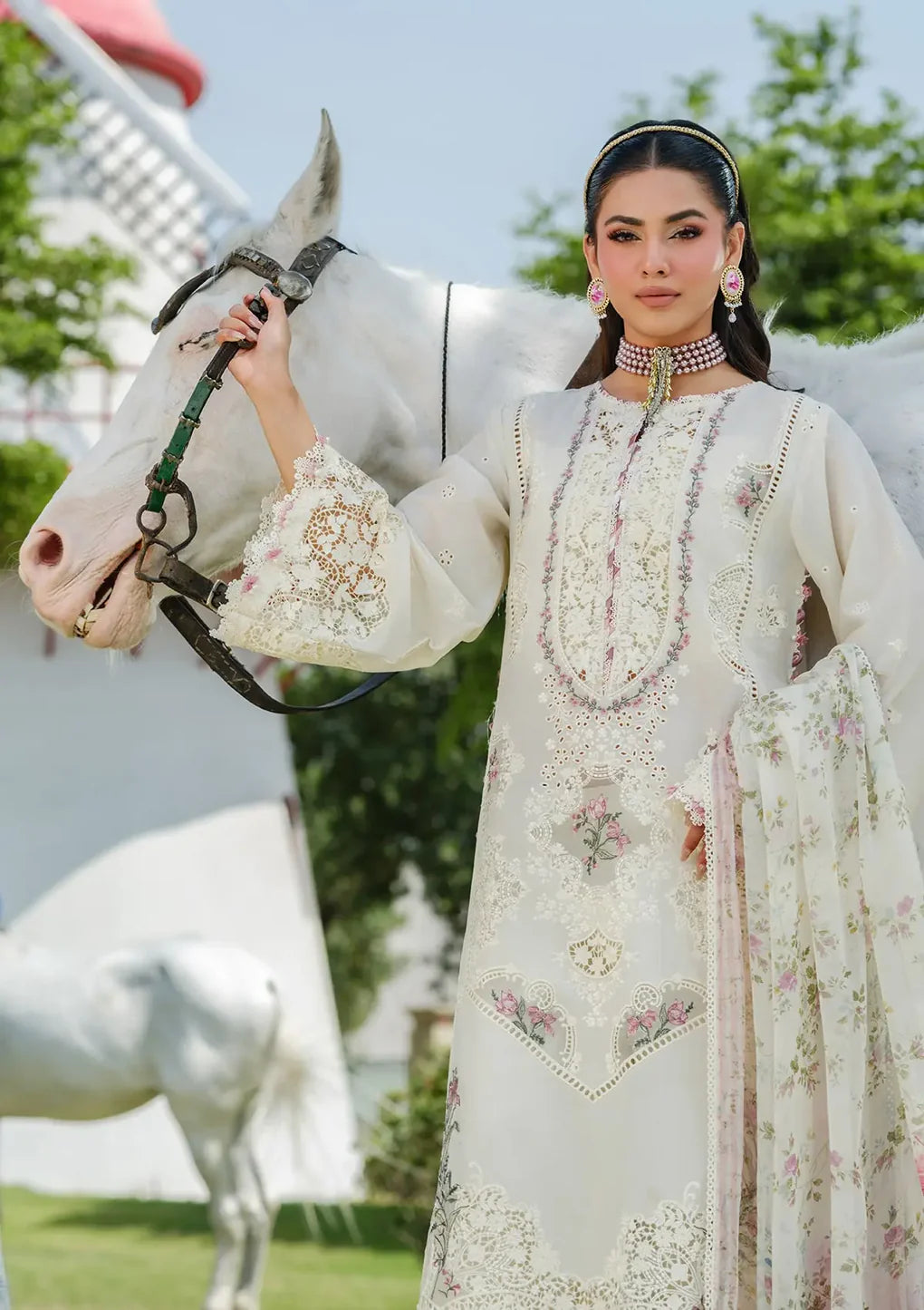 Pakistani Elaf Laserwork Lawn Unstitched Three Piece - White Empress