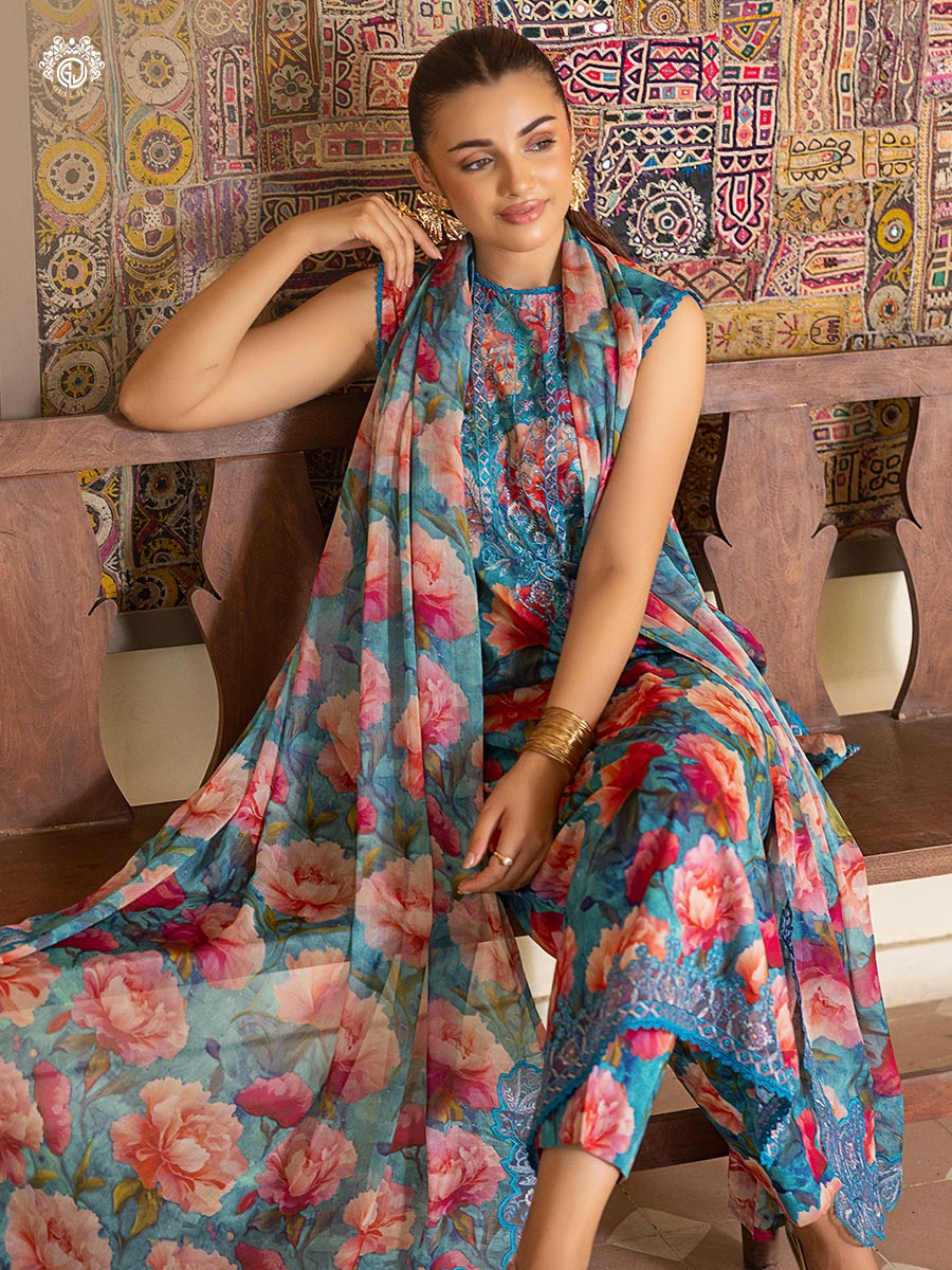 Pakistani Ziva by Gulljee Floral Printed Lawn Unstitched Three Piece - Blue Hosta