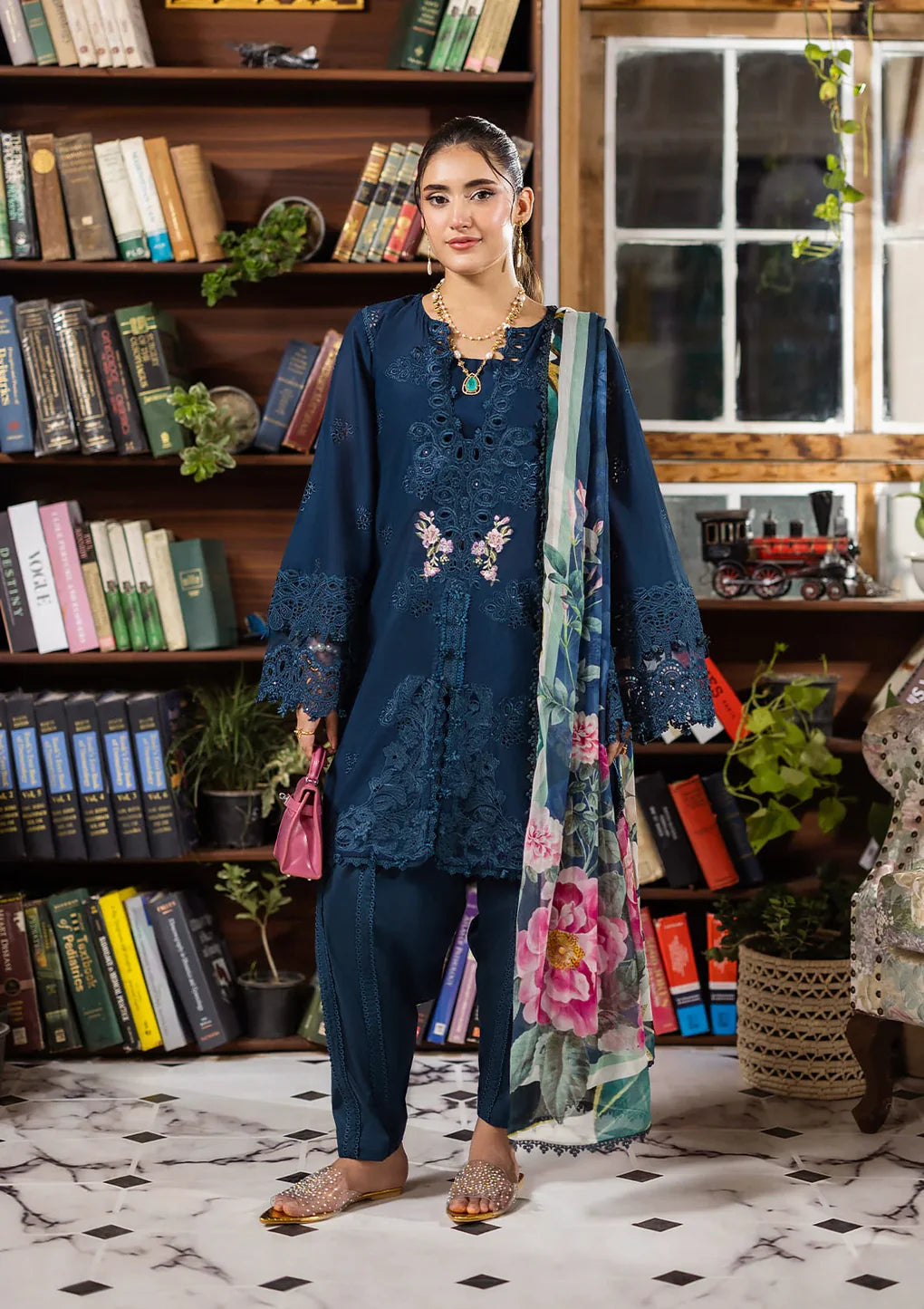 Pakistani Elaf Chikankari Embroidered Lawn Unstitched Three Piece - Serenaire