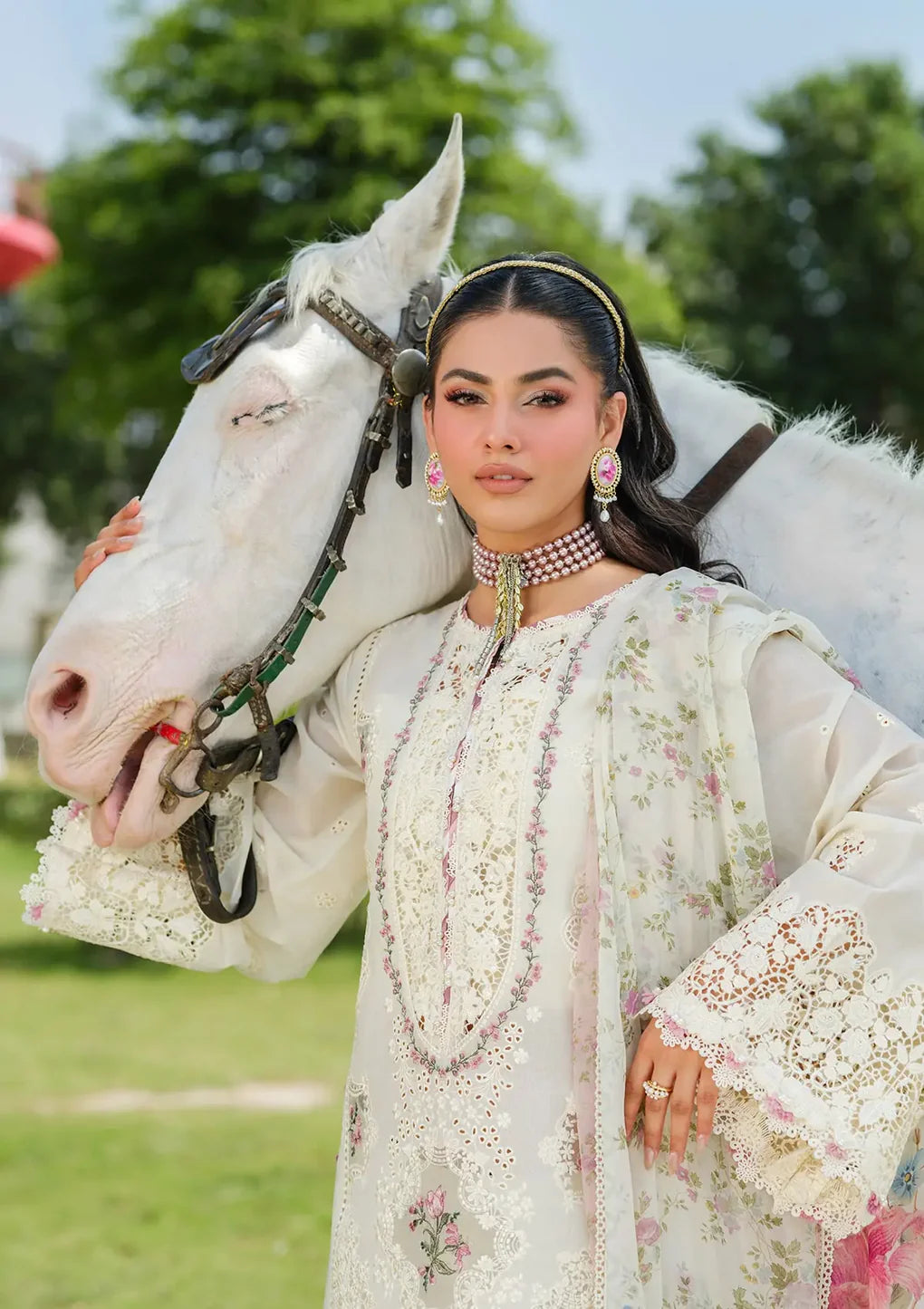 Pakistani Elaf Laserwork Lawn Unstitched Three Piece - White Empress