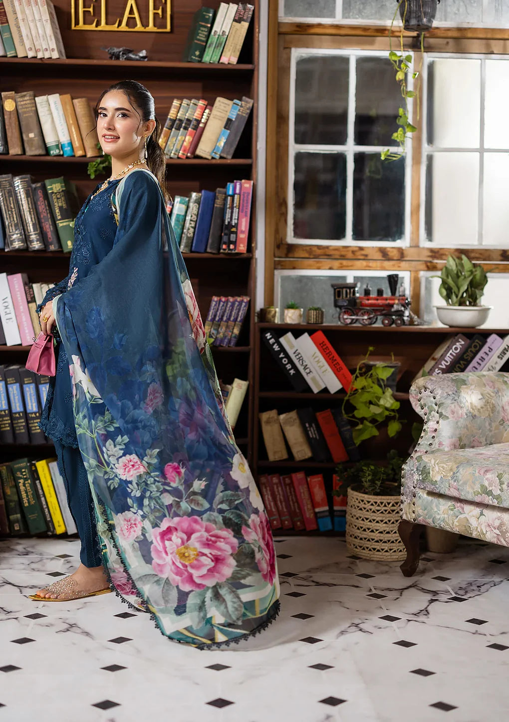 Pakistani Elaf Chikankari Embroidered Lawn Unstitched Three Piece - Serenaire
