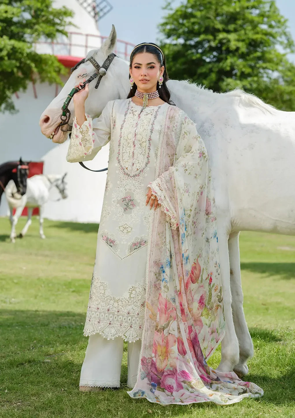 Pakistani Elaf Laserwork Lawn Unstitched Three Piece - White Empress