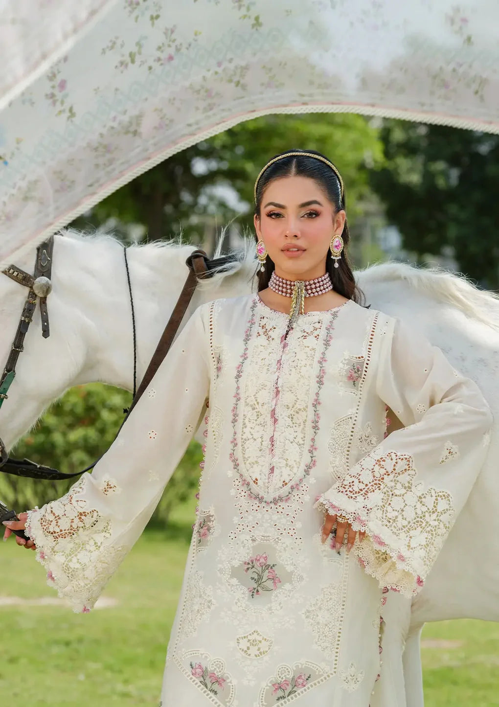 Pakistani Elaf Laserwork Lawn Unstitched Three Piece - White Empress