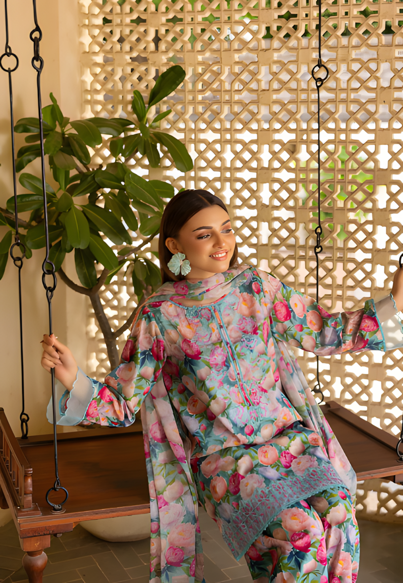Pakistani Ziva by Gulljee Floral Printed Lawn Unstitched Three Piece - Casper