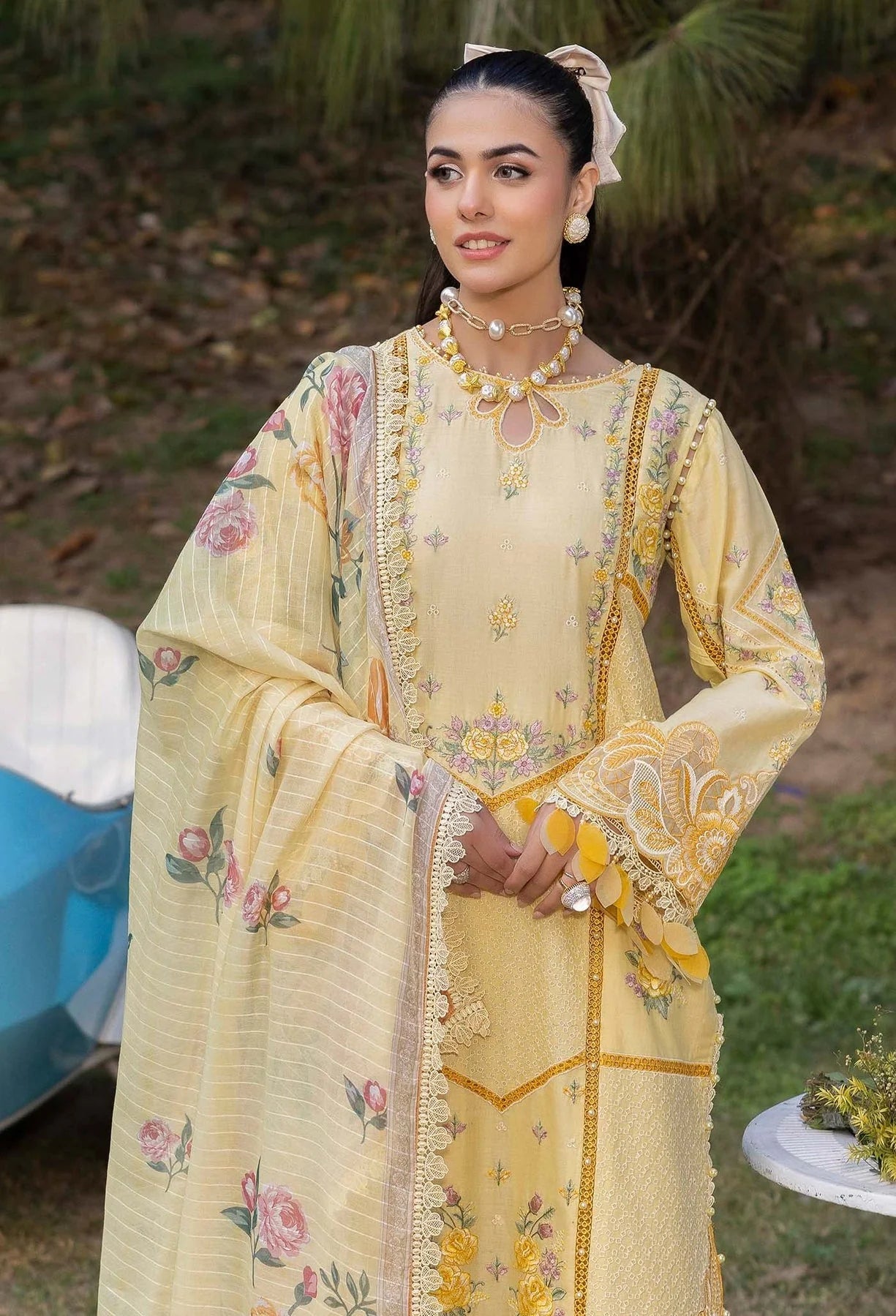 Pakistani Adan's Libas Gull Rukh Lawn Embroidered Unstitched Three Piece - Pavlova