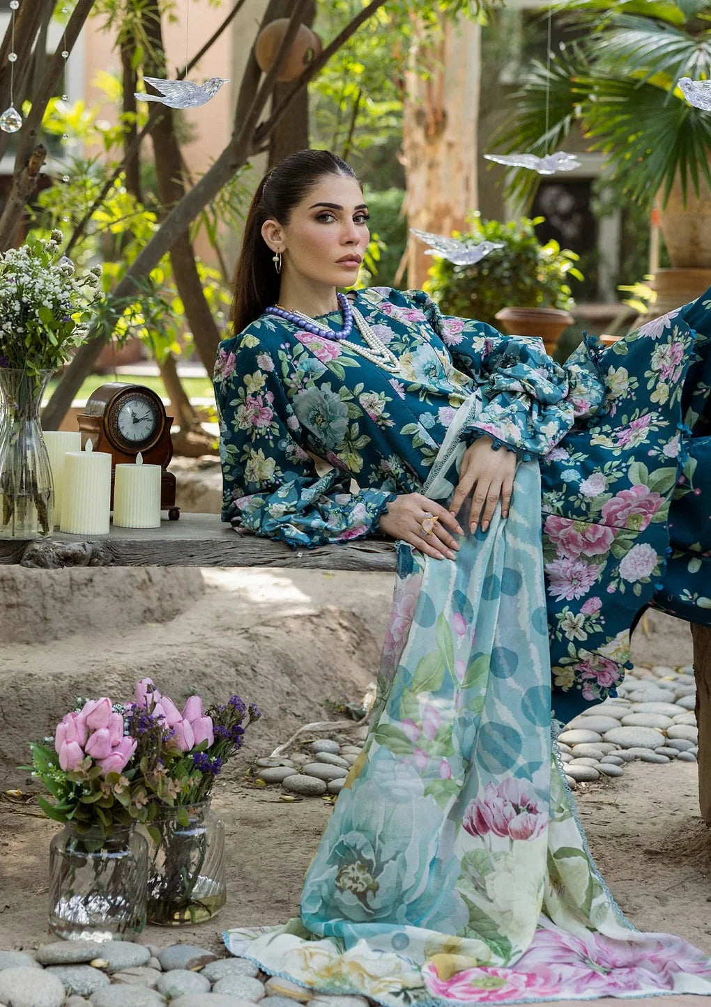 Pakistani Elaf Printed Unstitched Lawn Three Piece - Azure Fern