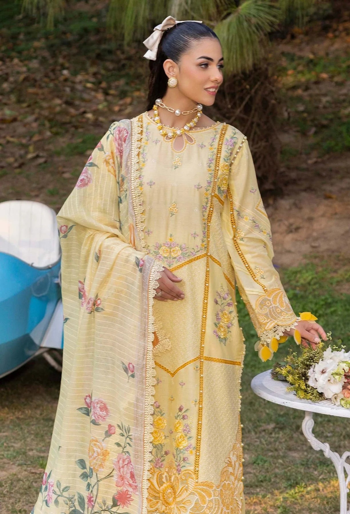 Pakistani Adan's Libas Gull Rukh Lawn Embroidered Unstitched Three Piece - Pavlova