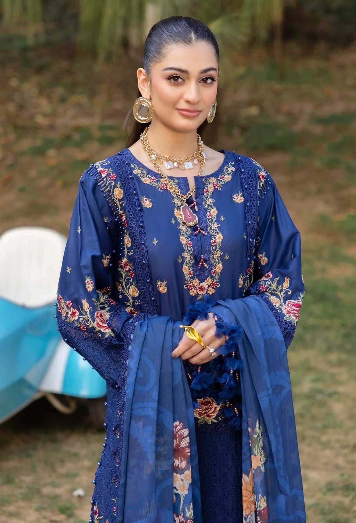 Pakistani Adan's Libas Gull Rukh Lawn Embroidered Unstitched Three Piece - Chambray