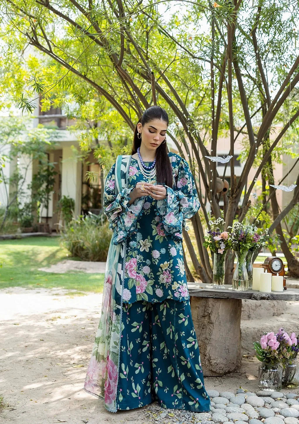 Pakistani Elaf Printed Unstitched Lawn Three Piece - Azure Fern