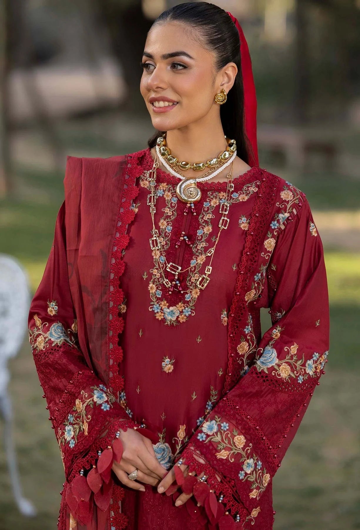 Pakistani Adan's Libas Gull Rukh Lawn Embroidered Unstitched Three Piece - Merlot