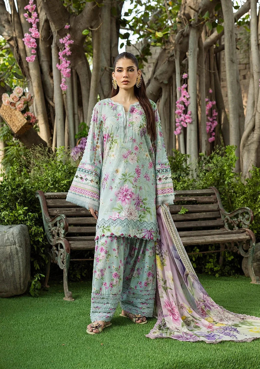 Pakistani Elaf Printed Unstitched Lawn Three Piece - Floral Charm