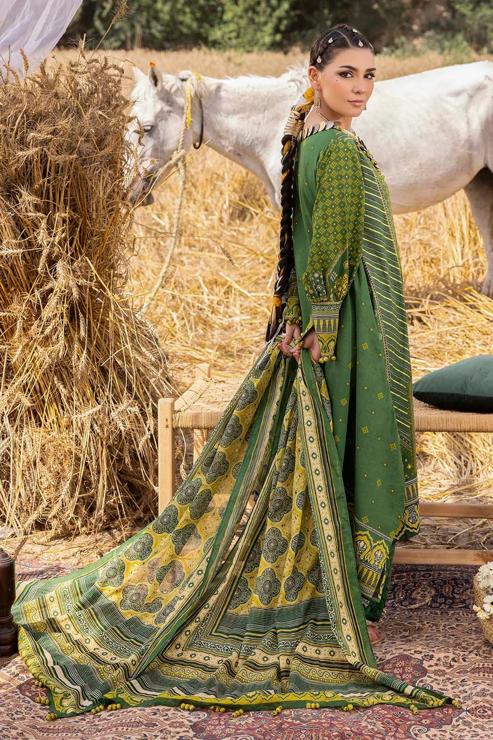 Pakistani Ajrak by Gul Ahmed Printed Unstitched Lawn Three Piece - Lunar Green