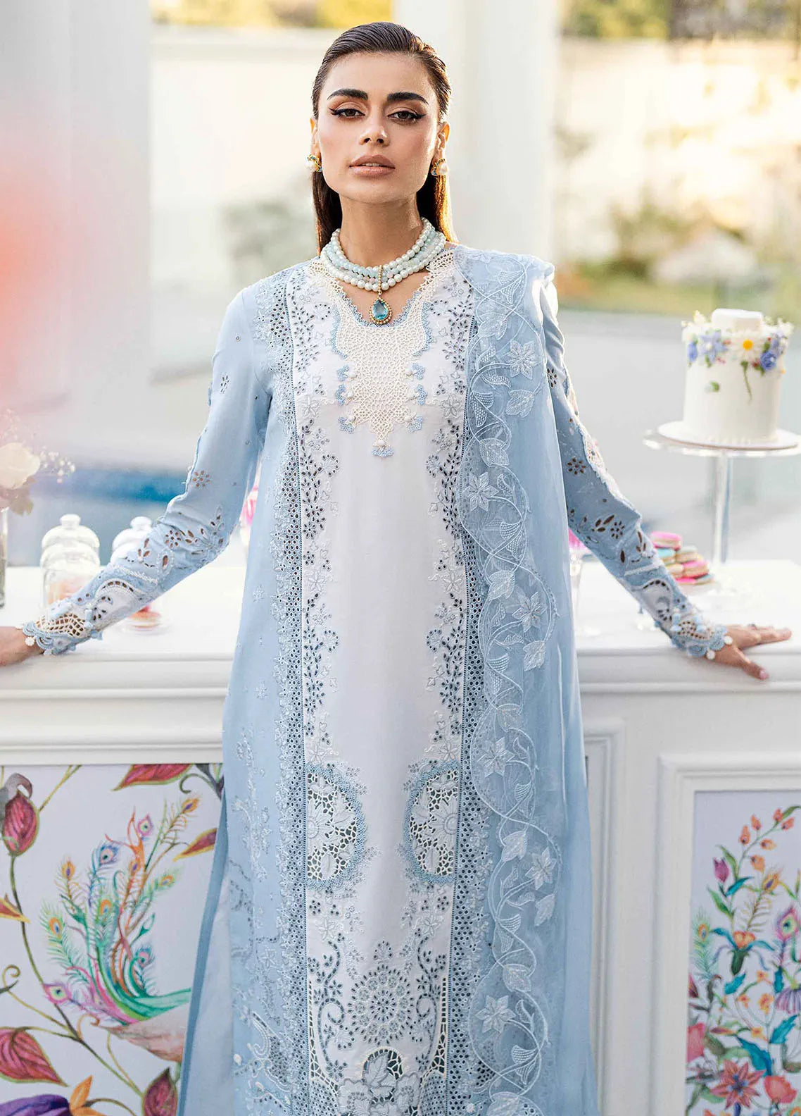 Pakistani Qalamkar Chikankari Lawn Embroidered Unstitched Three Piece - Carolina Blue