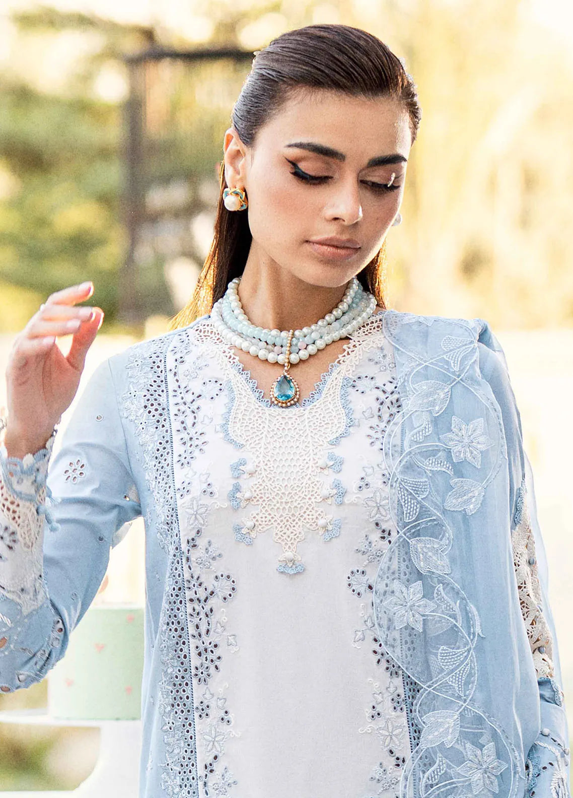 Pakistani Qalamkar Chikankari Lawn Embroidered Unstitched Three Piece - Carolina Blue