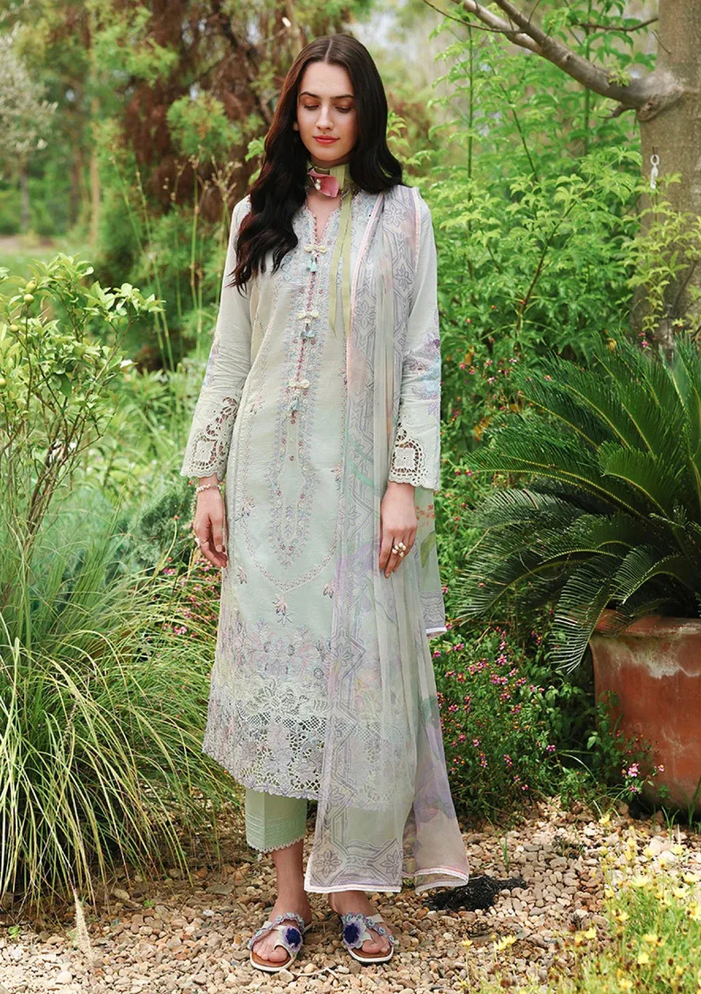 Pakistani Chikankari Embroidered Lawn Three Piece Suit - Mint Green