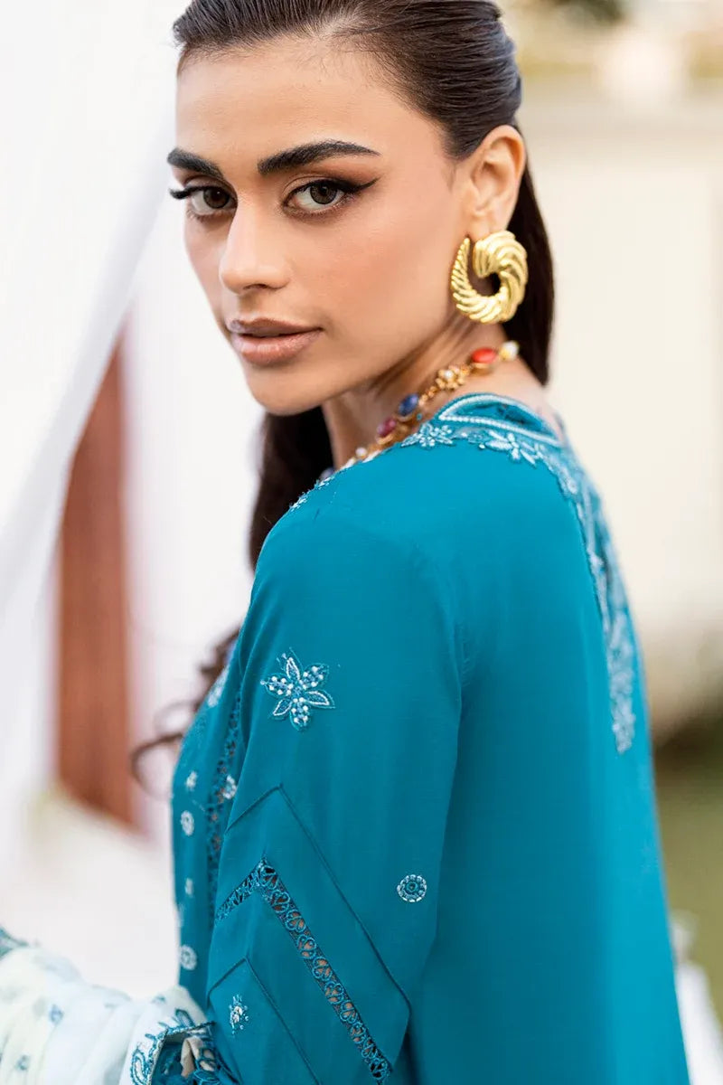 Pakistani Alyana Embroidered Unstitched Three Piece - Teal Blue