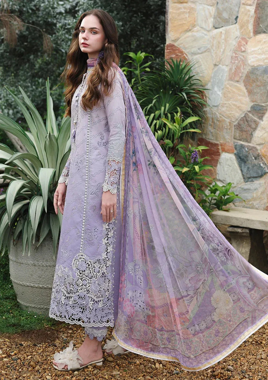 Pakistani Chikankari Embroidered Lawn Three Piece Suit - Lavender