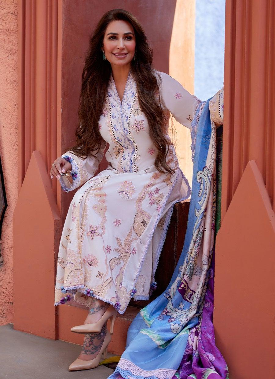 Pakistani Embroidered Unstitched Three Piece - Ivory