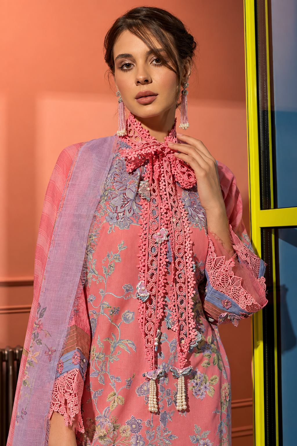 Pakistani Printed Embroidered Three Piece Suit With Chiffon Dupatta