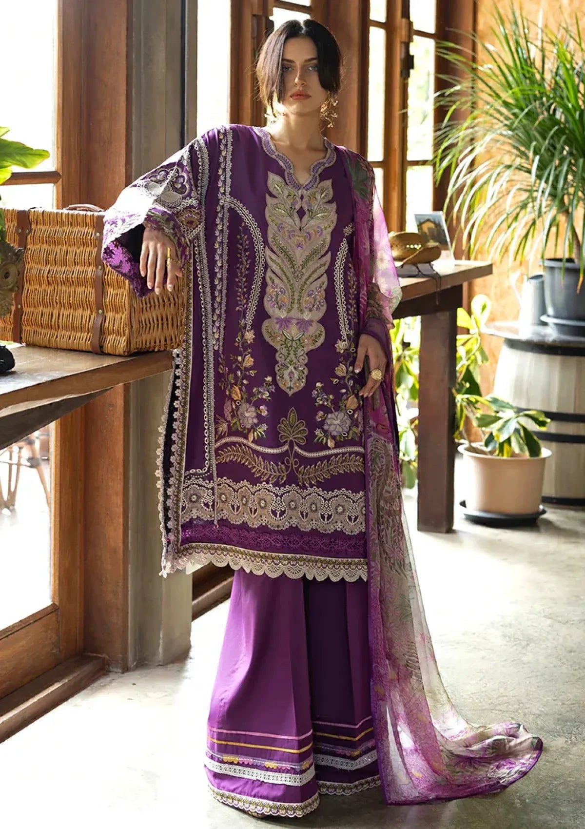 Pakistani Eastern Lawn Three Piece Suit - Purple