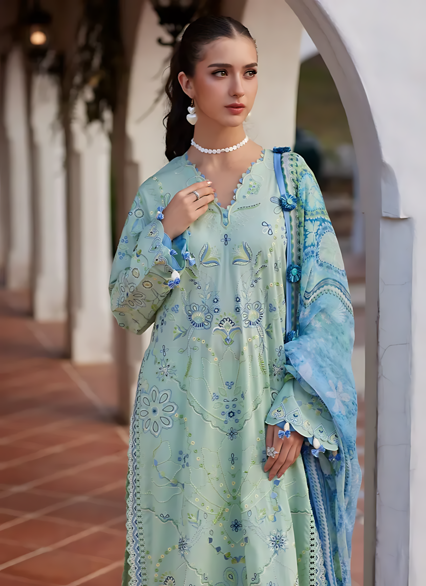 Pakistani Farah Talib Aziz Lawn Unstitched Three Piece - Teal Blue