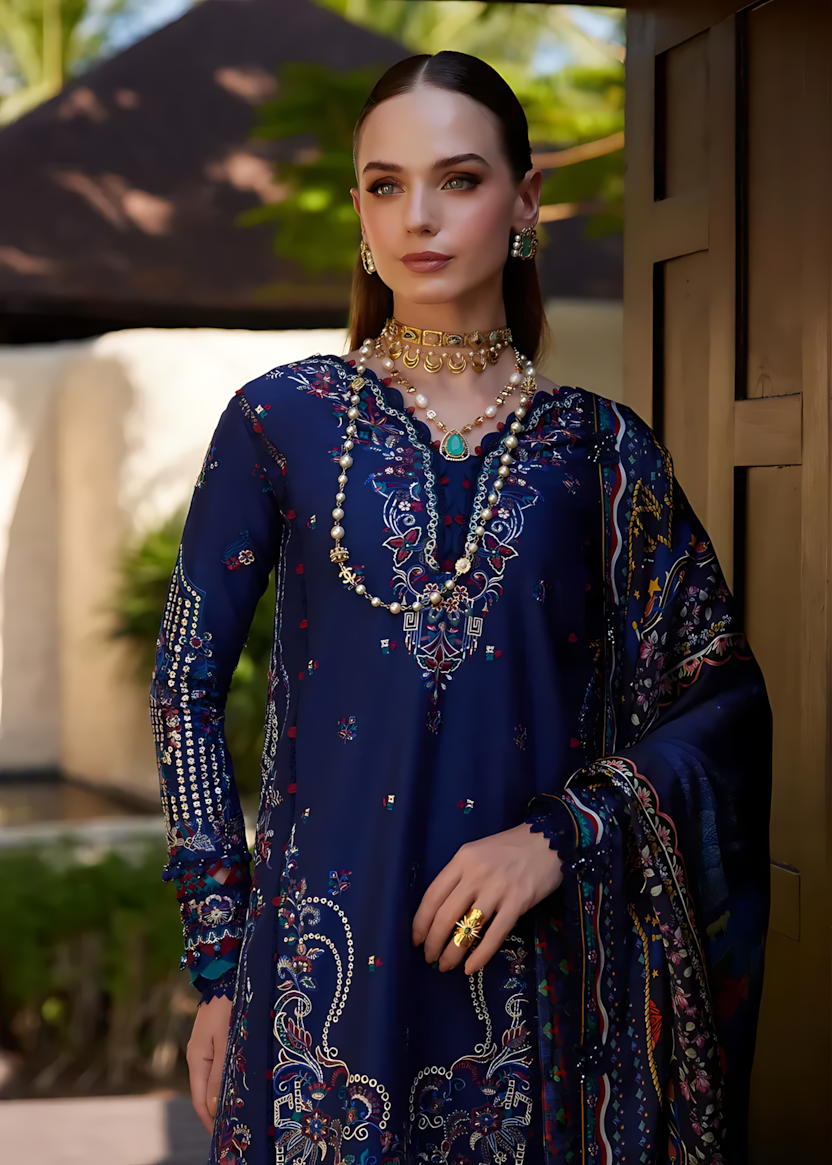 Pakistani Kanwal Malik Ariya Lawn Unstitched Three Piece - Hippie Blue