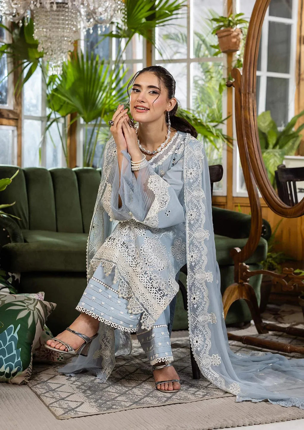 Pakistani Elaf Chikankari Embroidered Lawn Unstitched Three Piece - Sky Dream