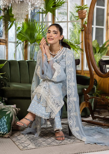 Pakistani Elaf Chikankari Embroidered Lawn Unstitched Three Piece - Sky Dream