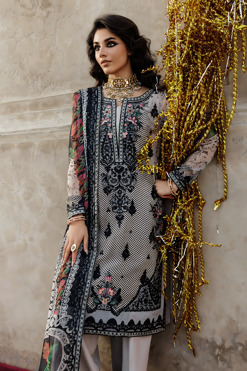 Pakistani Charizma Vasal Embroidered Unstitched Three Piece - Smoky Grey