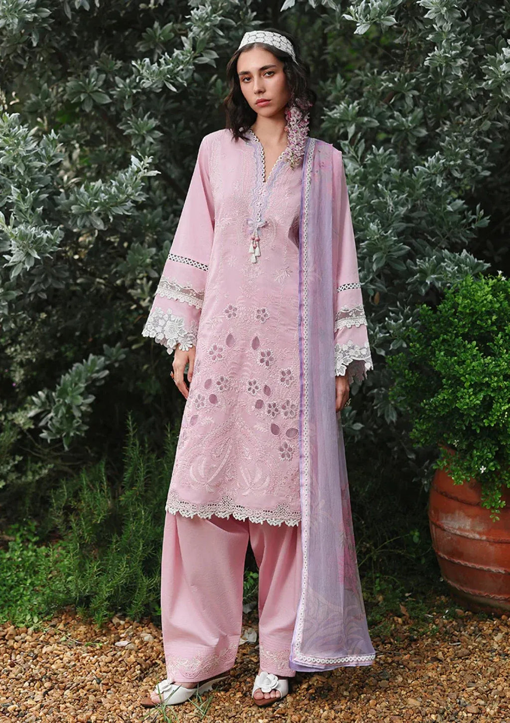 Pakistani Chikankari Embroidered Lawn Three Piece Suit - Pink