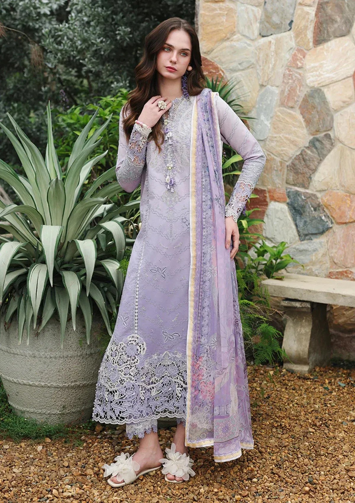 Pakistani Chikankari Embroidered Lawn Three Piece Suit - Lavender