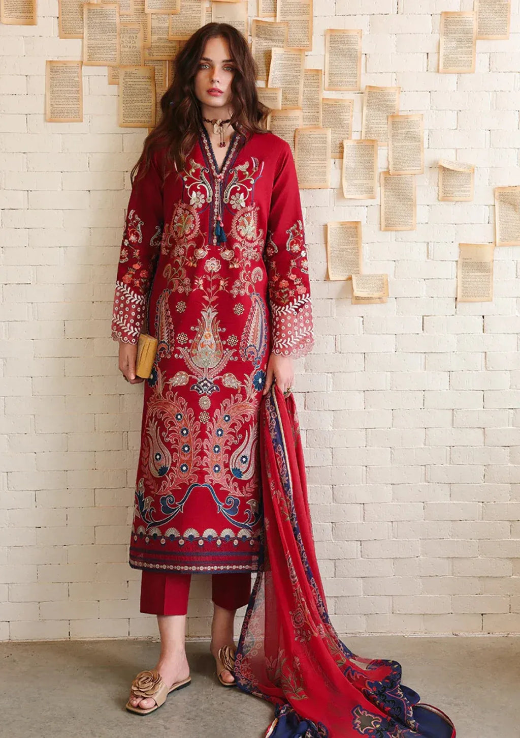 Pakistani Chikankari Embroidered Lawn Three Piece Suit - Red
