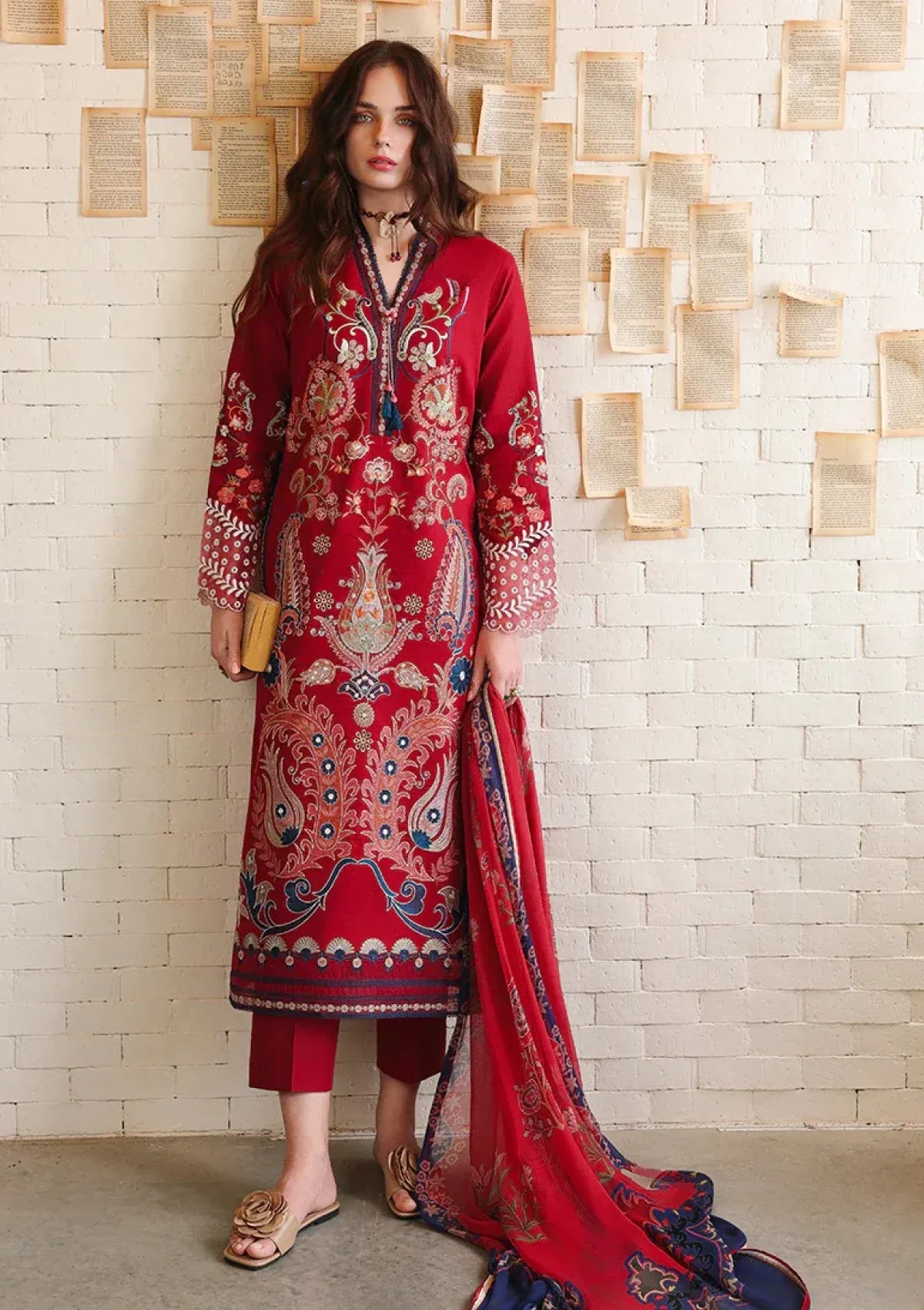 Pakistani Chikankari Embroidered Lawn Three Piece Suit - Red