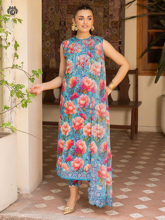 Pakistani Ziva by Gulljee Floral Printed Lawn Unstitched Three Piece - Blue Hosta