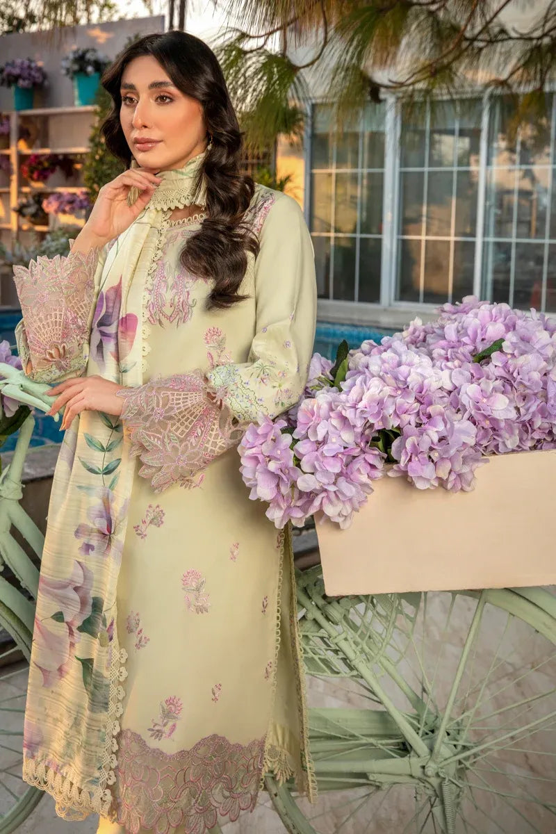 Pakistani Printed Embroidered Lawn 3-Piece Suit With Silk Dupatta - Pale Yellow