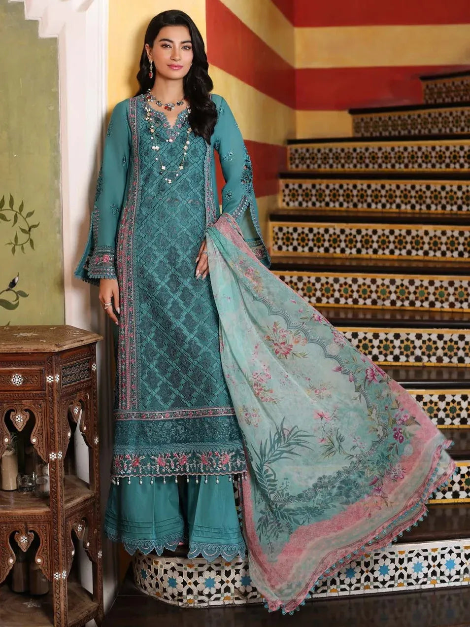 Pakistani Noor by Saadia Asad Unstitched Three Piece - Dusty Teal