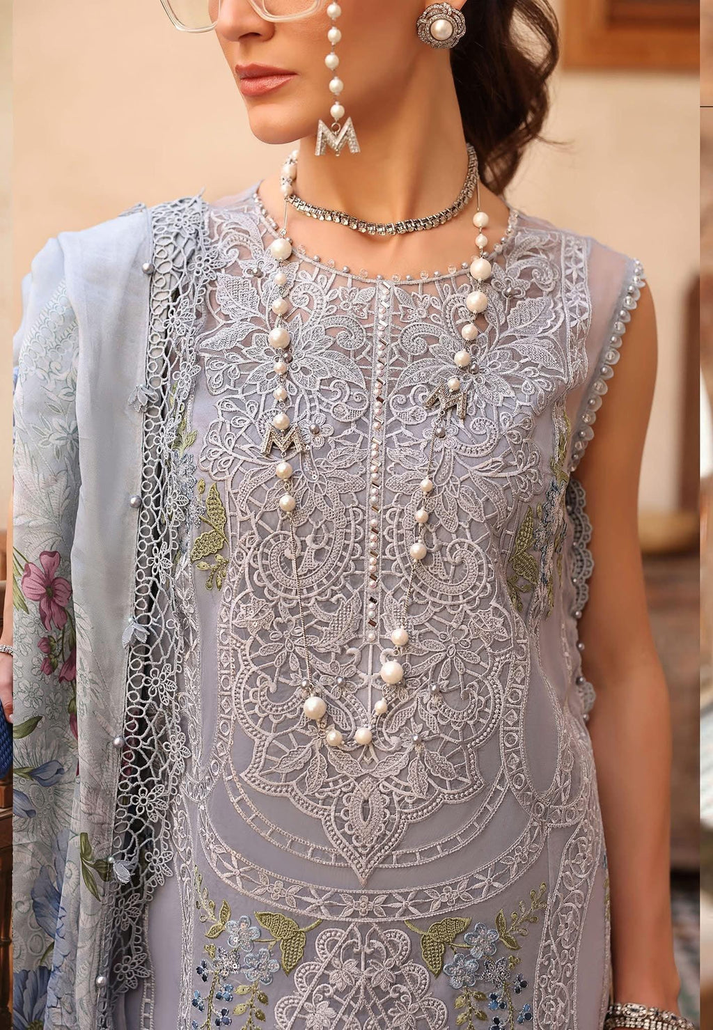 Pakistani Maria B Luxury Lawn Unstitched Three Piece - Ice Blue