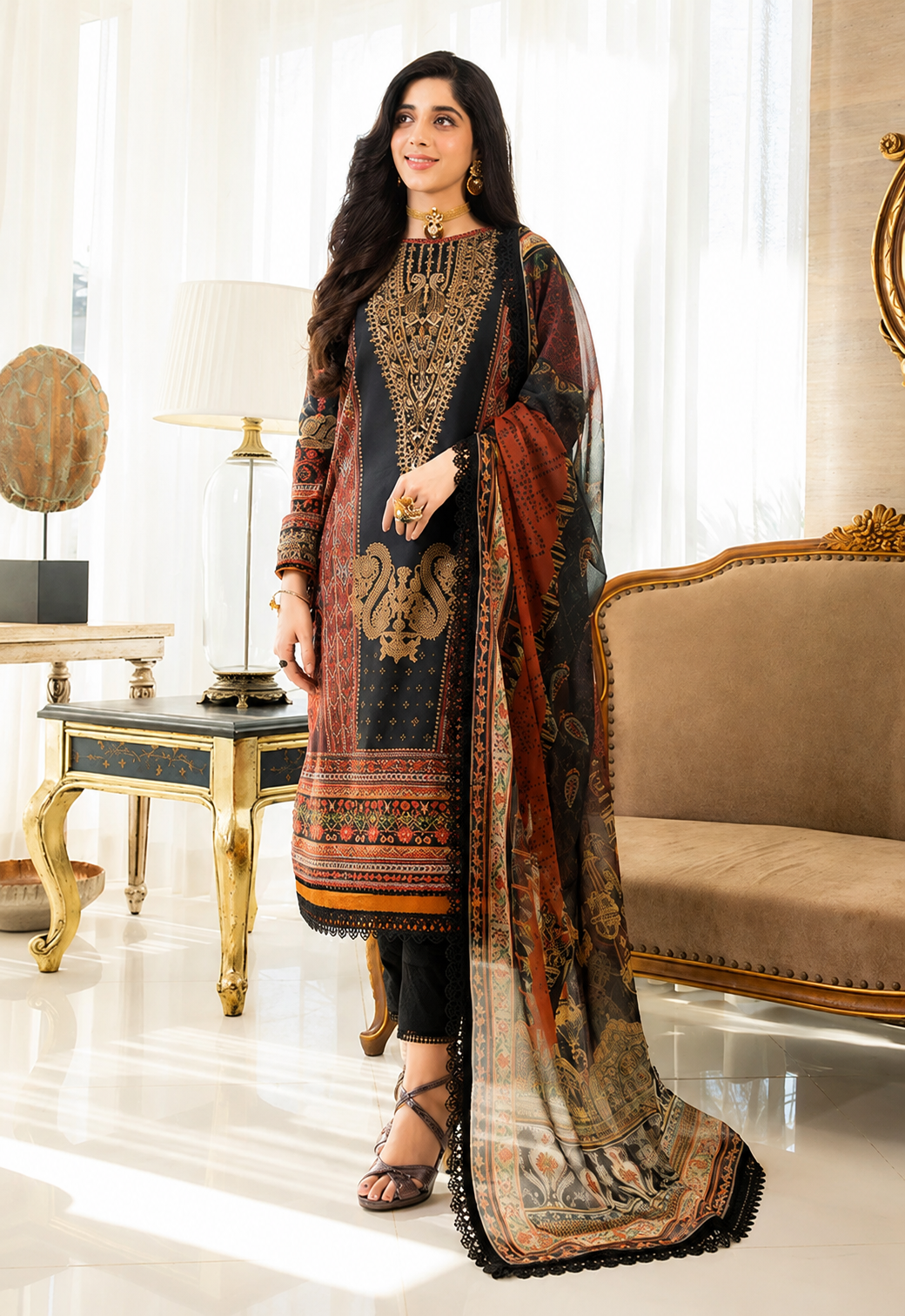Pakistani Asim Jofa Unstitched Three Piece - Cocoa Bean