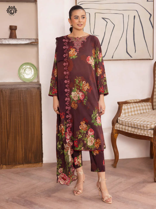 Pakistani Ziva by Gulljee Digital Printed Lawn Unstitched Three Piece - Deep Coffee