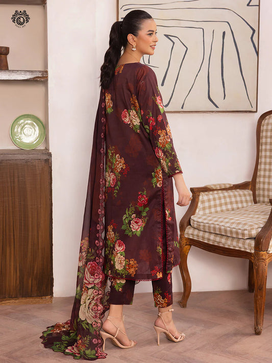 Pakistani Ziva by Gulljee Digital Printed Lawn Unstitched Three Piece - Deep Coffee