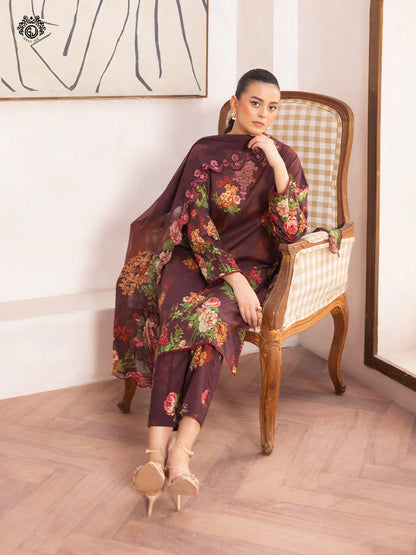Pakistani Ziva by Gulljee Digital Printed Lawn Unstitched Three Piece - Deep Coffee