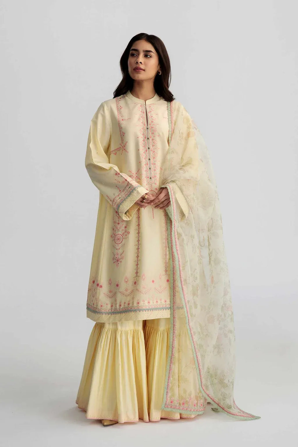Pakistani Embroidered Self Jacquard Unstitched Suit With Printed Organza Dupatta