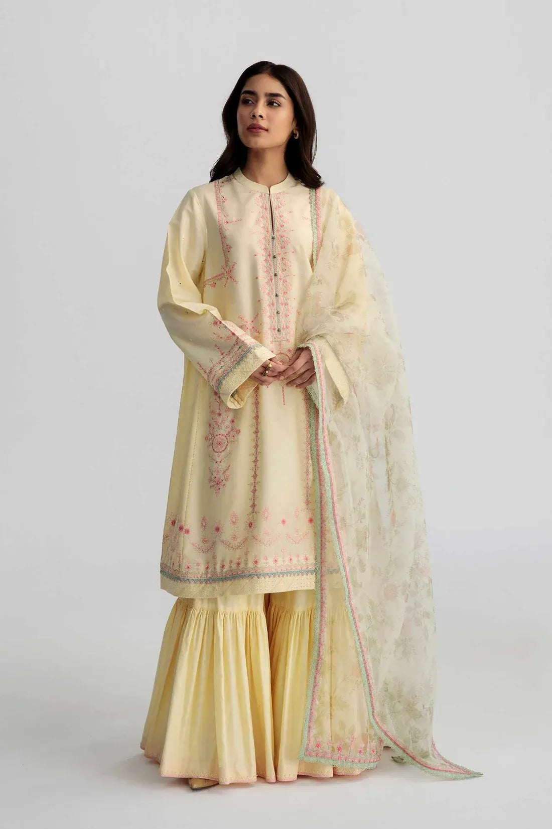 Pakistani Embroidered Self Jacquard Unstitched Suit With Printed Organza Dupatta