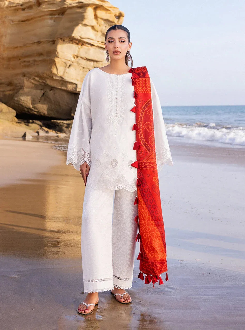 Pakistani Embroidered Unstitched Three Piece - White