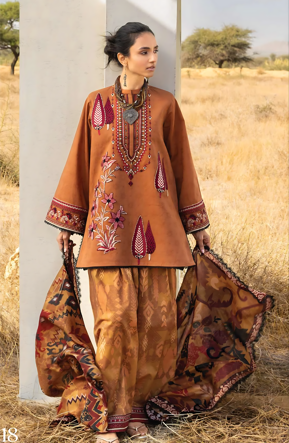 Pakistani Zainab Chottani Embroidered Jacquard Unstitched Three Piece - Brown