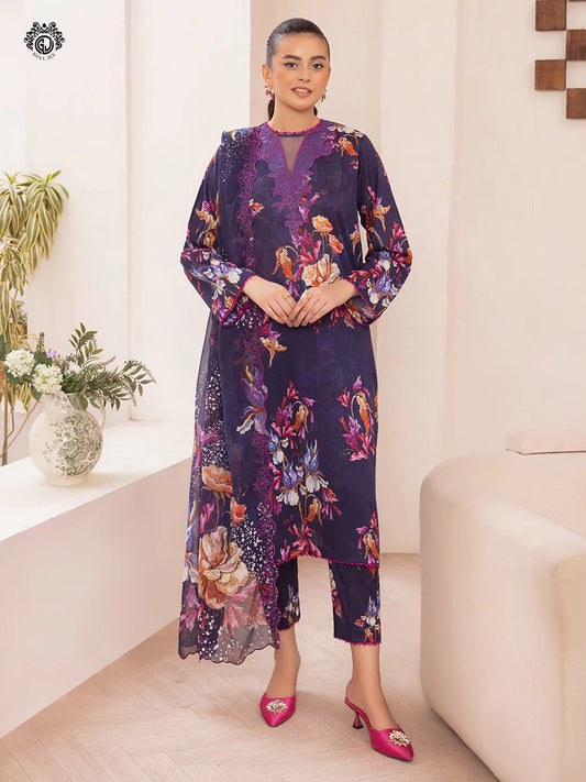 Pakistani Ziva by Gulljee Digital Printed Lawn Unstitched Three Piece - Plum Purple