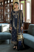 Pakistani Qalamkar Qline Embroidered Unstitched Three Piece - Navy Blue