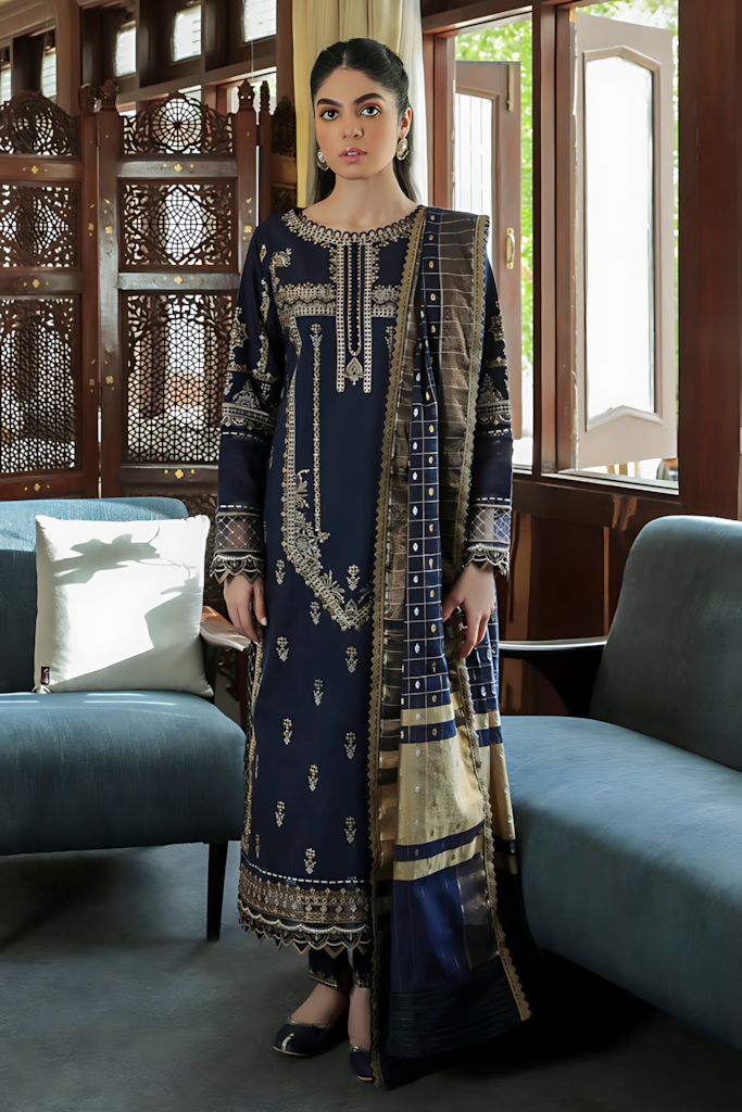 Pakistani Qalamkar Qline Embroidered Unstitched Three Piece - Navy Blue